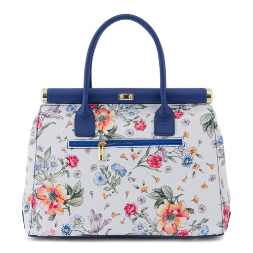 Geanta piele alb/ albastru cu imprimeu floral GF509