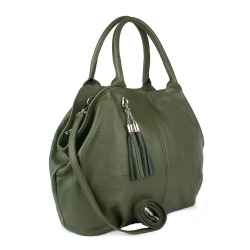 Geanta piele verde inchis cu ciucuri GF721