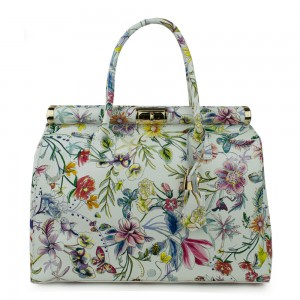 Geanta piele alba cu imprimeu floral GF813