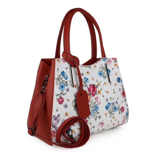 Geanta piele imprimeu floral alb/rosu GF1111
