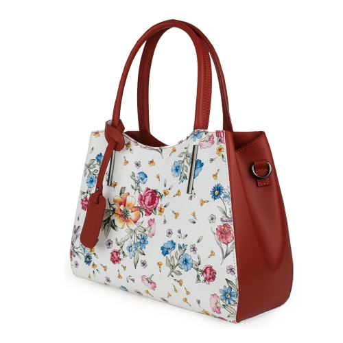 Geanta piele imprimeu floral alb/rosu GF1111