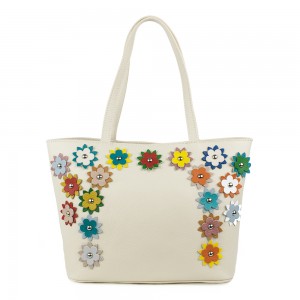 Geanta piele bej aplicatii florale GF1124