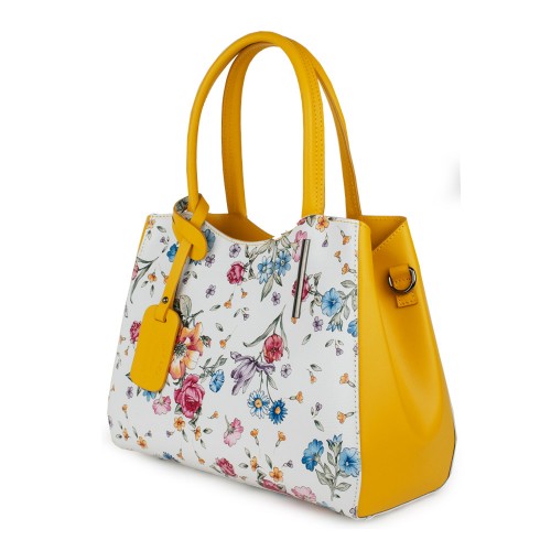 Geanta piele imprimeu floral alb/galben GF1139
