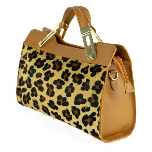 Geanta piele camel imprimeu leopard GF1311